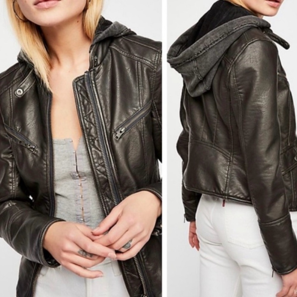 Free People faux Leather black jacket with Hood size Small